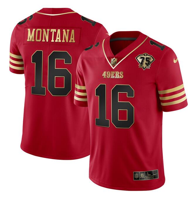 Men's San Francisco 49ers Active Player Custom Red Gold With 75th Anniversary Patch Stitched Jersey